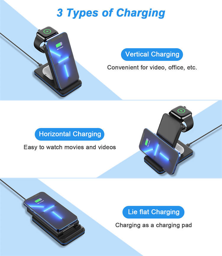 Hot Sale Foldable Fast 15W 3 in 1 Wireless Charger Stand for Iphone 11 12 13 14 Pro Max Samsung Charging Station
