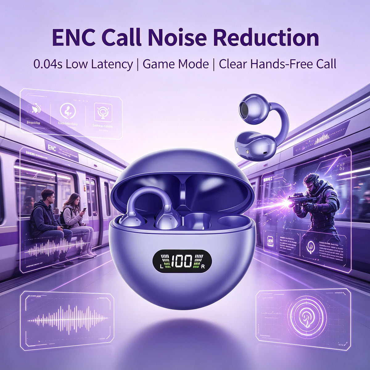 Smart Long Battery Life ENC Noise Cancelling Running Open Ear Clip Headphones Headset Hifi True Tws Wireless Earphones Earbuds