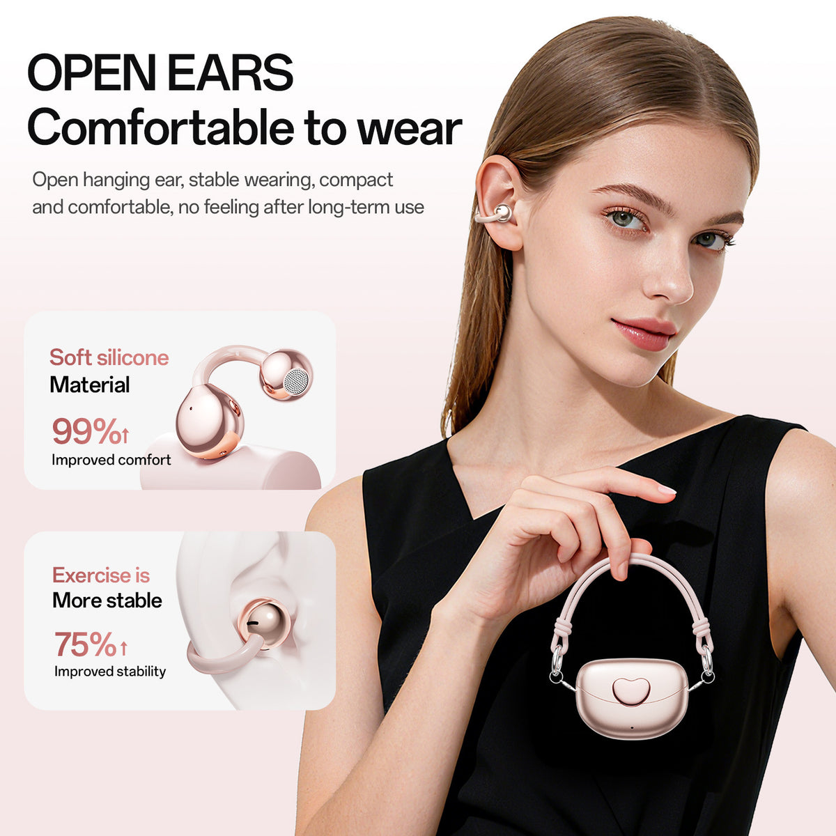Fashion Clip-on Earbuds with Heart-Shaped Charging Case Open Ear OWS Wireless Headphones Cute Jewelry Bluetooth Earbuds Gift